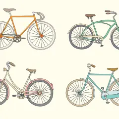 Cztery rysunki rowerów: pomarańczowy szosowy, zielony cruiser, kremowy miejski i turkusowy z błotnikami. Proste ilustracje pokazują, jak narysować rower.