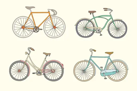 Cztery rysunki rowerów: pomarańczowy szosowy, zielony cruiser, kremowy miejski i turkusowy z błotnikami. Proste ilustracje pokazują, jak narysować rower.
