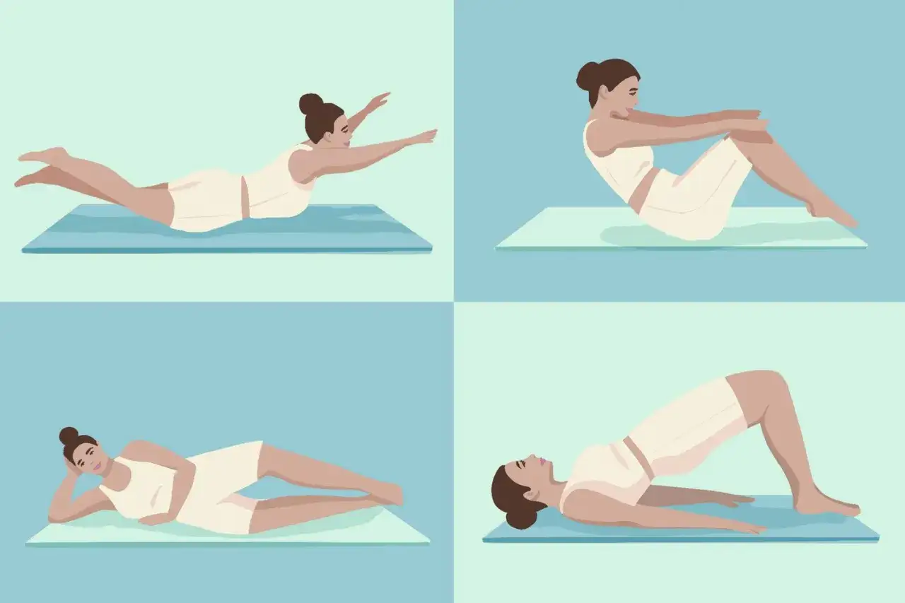 Ilustracja pokazuje cztery pozycje ćwiczeń, które wyjaśniają, co to jest pilates: leżenie na brzuchu, pozycja siedząca, leżenie na boku i mostek.