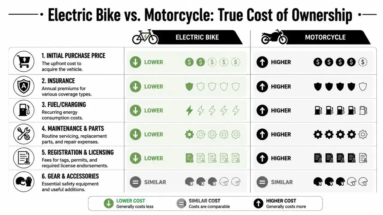 Porównanie kosztów: ile kosztuje rower elektryczny vs motocykl. Rower elektryczny ma niższe ceny zakupu, ubezpieczenia, ładowania i części.
